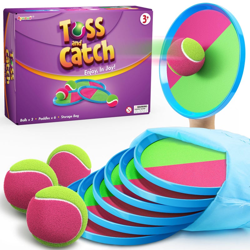 Aywewii Toss and Catch Ball Set, Boys Toys for 3 4 5 6 7 8 Year Old, Kids Sports Gifts, Outdoor Games for Backyard Camping Beach Pool Family Party, Valentines Day Gifts for Kids - 6 Paddles & 3 Balls - Image 1